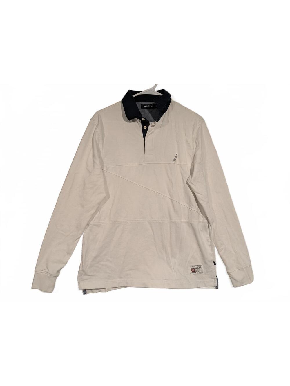 Nautica White Quarter Button Pullover Long Sleeve Cotton Rugby Shirt Mens Medium